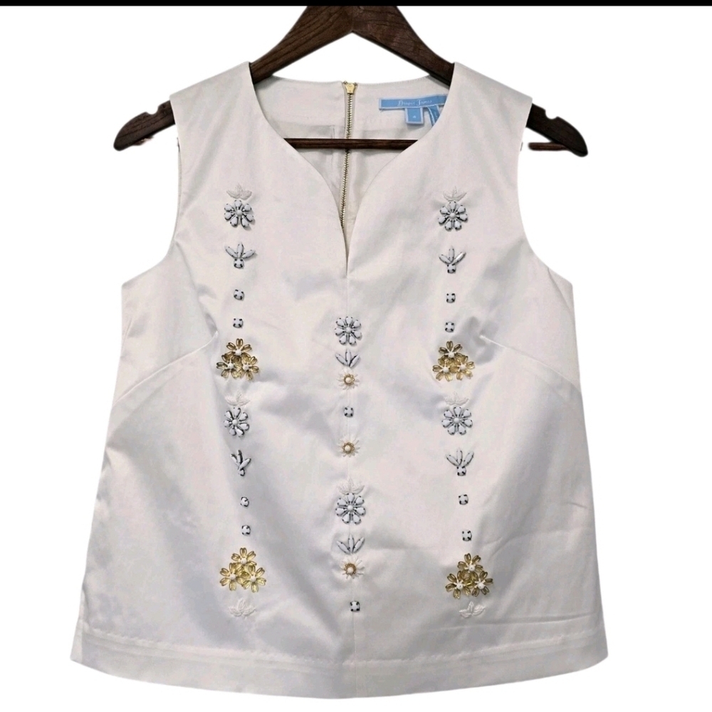 Draper James White Jeweled Sleeveless Split Neck Top size Small Holiday Wedding